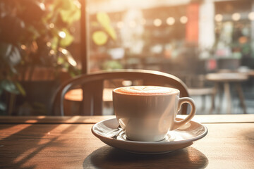 Cup of coffee on table in cafe, morning light, warm and romantic atmosphere. Generative AI