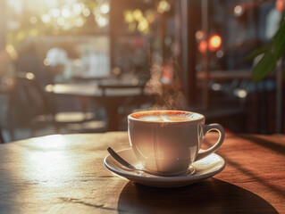 Obraz premium Cup of coffee on table in cafe, morning light, warm and romantic atmosphere. Generative AI