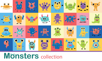 Cartoon monster mascot. Halloween funny monsters, bizarre goofy gremlin with horn and silly furry, alien creations. Cartoons fluffy creatures spooky character vector isolated icon illustration set - obrazy, fototapety, plakaty