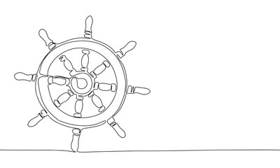 Ship steering in continuous line art drawing style. Silhouette of ship wheel steering. Black linear sketch isolated on white background. Vector illustration © clelia-clelia