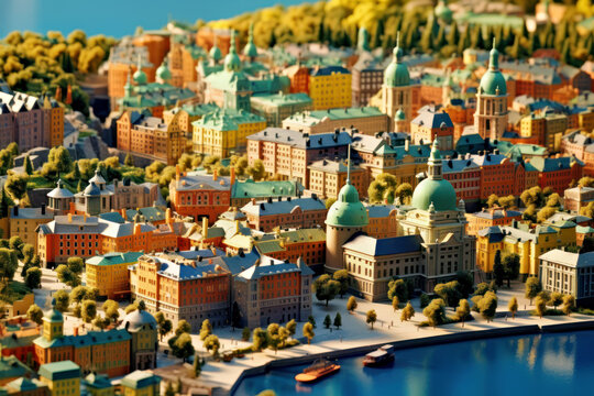 A seaside cityscape lined with brick buildings, Generative AI