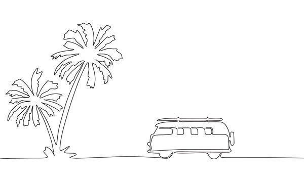 Travel Van In Continuous Line Art Drawing Style. Silhouette Of Palm Tree And Van. Black Linear Sketch Isolated On White Background. Vector Illustration