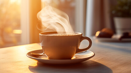 A cup of freshly brewed coffee steaming in the soft morning light, a moment of tranquility captured against a calm beige background. Generative AI