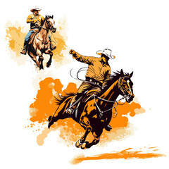 Drawing of galloping cowboys on horseback at a rodeo on a light background. For your design
