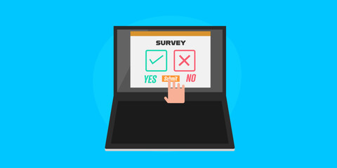 Customer answering business survey on laptop screen, selection between right tick or cross, accept agreement conceptual web banner.