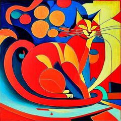 Mysterious cat, abstract surreal painting with  orange, red and cyan colors.  AI generative. - 617255359