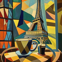 Cup of coffee on background of Eiffel tower, generative AI. - 617255361