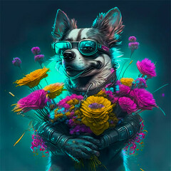 Сyberpunk dog with glasses and with flowers in its paws. Created with generative AI technology - 617255374