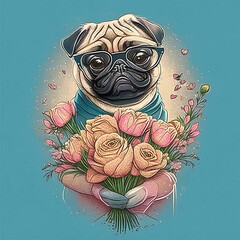Pug dog with glasses and a bouquet of flowers in its paws. Generative AI. - 617255380