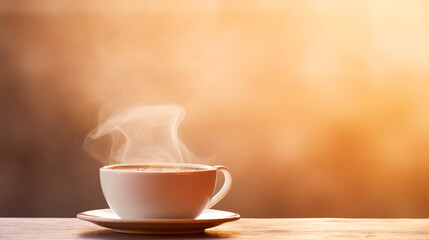 Fototapeta na wymiar A cup of freshly brewed coffee steaming in the soft morning light, a moment of tranquility captured against a calm beige background. Generative AI