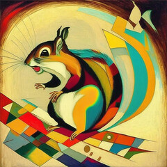 Mysterious squirrel, abstract surreal painting with orange, red and blue colors. Generative AI. - 617255396