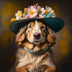 Dog in a beautiful hat with flowers. Generative  AI technology - 617255398