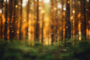 Blurred forest in the morning, defocused trees background with bokeh effect. Generative AI. - 617255521