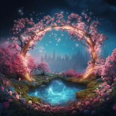 Spectacular archway covered with flower in the middle of fantasy fairy tale forest landscape - 617255717