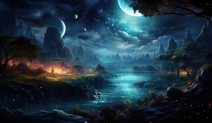 Dreamscapes the night. Star nebulae, month and moon, mountains, fog. Unreal fantasy world. - obrazy, fototapety, plakaty
