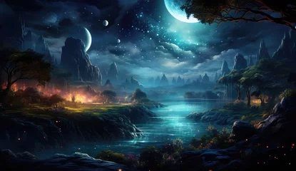Poster Paysage fantastique Dreamscapes the night. Star nebulae, month and moon, mountains, fog. Unreal fantasy world.