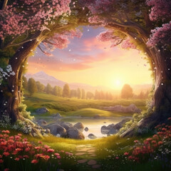 Fantasy beautiful landscape with magic portal in mystic fairy landscape. - 617255986