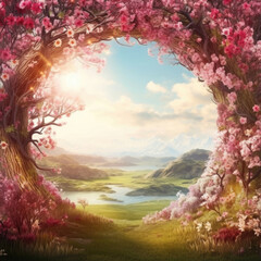 Beautiful arch of flowers. Magic portal in fairy landscape. - 617256191