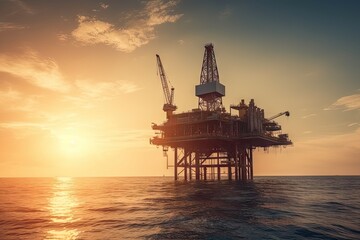 Offshore exploration and oil industry, illuminated by sunset and sunrise. Drilling rig, Symbol of industrial technology and energy of the fuel. Production business on the ocean