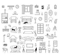 Vector doodle set of furniture, decor and lighting for the living room or dining room on a white background. Design items for an apartment and a house.