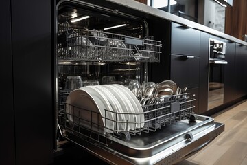 Open dishwasher in a modern kitchen. Clean dish and cutlery