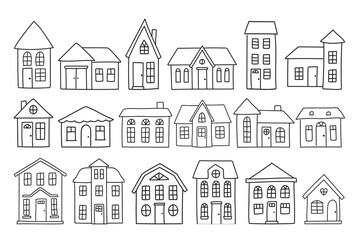 Set of hand drawn houses in doodle style. Different doors and windows. Editable vector illustration in black and white