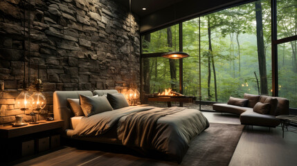 Modern house interior, bedroom, dark wood bed, grey colored bedding, grey stone wall cladding. Generative AI