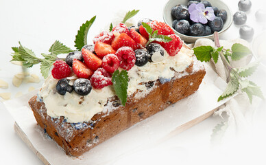 Dessert table. Top view, Summer cake with berries. Healthy dessert concept.