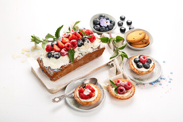 Dessert table. Top view, Summer cake with berries. Healthy dessert concept.
