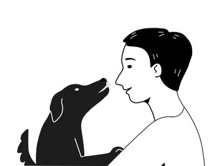 A child boy with kissing dog, outline cartoon.