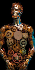 Naklejka premium Captivating human body made of vibrant, multicolored cogwheels in a metallic industrial style, illustrating the intricate anatomy and logical connections within our physiology. Generative AI