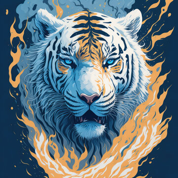 Fantasy watercolor painting of a white tiger with swirling fire against a blue backdrop.generative AI