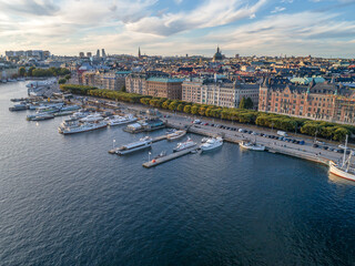 Sweden Stockholm Aerial view of Strandvagen boulevard and Ostermalm district on a sunny day sunset