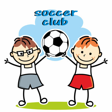 soccer club, two boys and soccer ball, vector illustration, banner