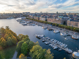 Sweden Stockholm Aerial view of Strandvagen boulevard and Ostermalm district on a sunny day sunset - obrazy, fototapety, plakaty