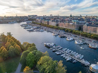 Foto op Canvas Sweden Stockholm Aerial view of Strandvagen boulevard and Ostermalm district on a sunny day sunset © CL-Medien