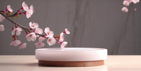 Obraz na płótnie Canvas Cherry blossom branch on marble display podium with wooden base on table surface. Created with Generative AI technology