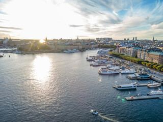 Fototapeta premium Sweden Stockholm Aerial view of Strandvagen boulevard and Ostermalm district on a sunny day sunset
