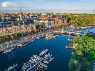 Sweden Stockholm Aerial view of Strandvagen boulevard and Ostermalm district on a sunny day sunset - 617260323