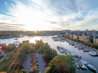 Sweden Stockholm Aerial view of Strandvagen boulevard and Ostermalm district on a sunny day sunset