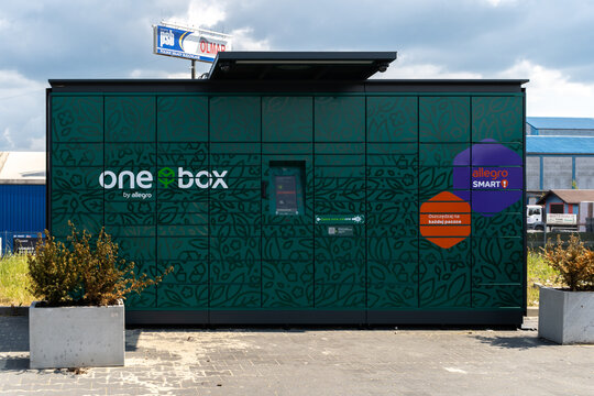 One Box by Allegro parcel machine with logo sign. Smart electronic steel parcel locker box, automatic mailboxes. Package collection machine, delivery service on June 18, 2023 in Trzebinia, Poland.