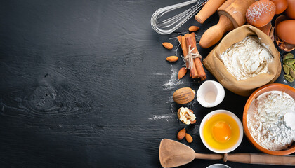 Bakery background. Baking ingredients and kitchen utensils on a black wooden background. Flour,...