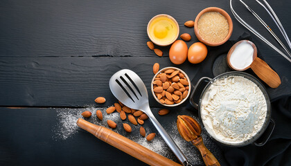 Bakery background. Baking ingredients and kitchen utensils on a black wooden background. Flour, almond nuts, eggs. Top view. Modern cooking composition. Spices and food products.