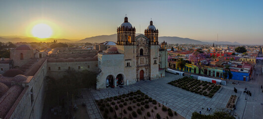 drone 4k panorama landmark Oaxaca city Santo Domingo Cathedral in historic 2023 summer travel in the morning sunrise 