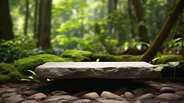 Stone podium table top outdoors blur tropical forest plant nature background. Beauty cosmetic healthy natural product placement pedestal display, Spring or summer jungle paradise.