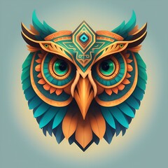 Owls quetzalcoatl head, symmetrical, flat icon design, AI generated