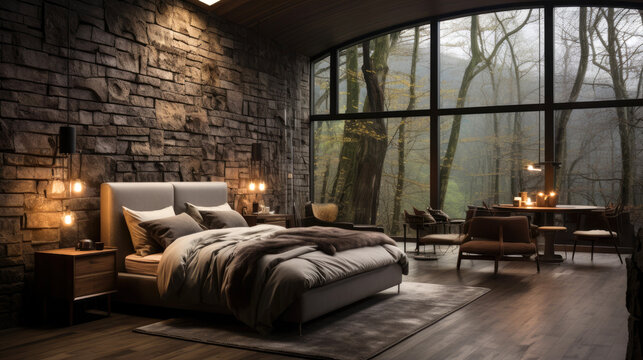 Modern house interior, bedroom, dark wood bed, grey colored bedding, grey stone wall cladding. Generative AI © piai