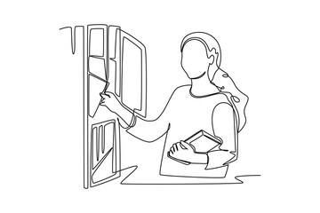Single one line drawing happy student reading and preparing for examination. Education and leisure concept. Continuous line draw design graphic vector illustration.
