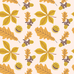 Seamless pattern of autumn plant elements. Vector illustration of fruits and leaves in autumn colours.