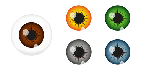 Human eye ball constructor with brown, green, gray, blue pupils. Eyeball creation tool. Espionage, curiosity, spying, surveillance concept. Vector realistic illustration